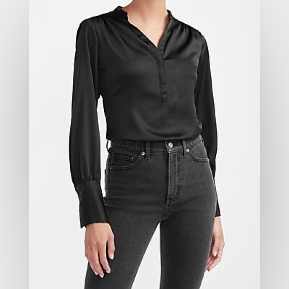 Express Satin-Look Long Sleeve Button-Up Bodysuit - Picture 2 of 9